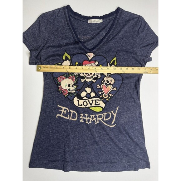 Ed Hardy Rose Skull Graphic Tattoo Y2K Christian Audigier Women’s Shirt Large - Picture 4 of 5